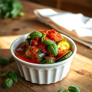 Sliced baby marrows in a fresh tomato sauce