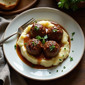 Meatballs & Mash served in a bowl