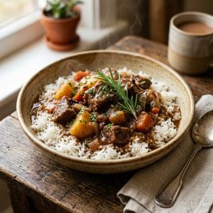 Slow-cooked beef bredie with rice