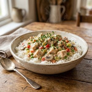 Chicken Ala King with creamy sauce and rice