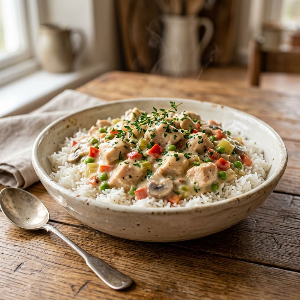 Chicken Ala King with creamy sauce and rice
